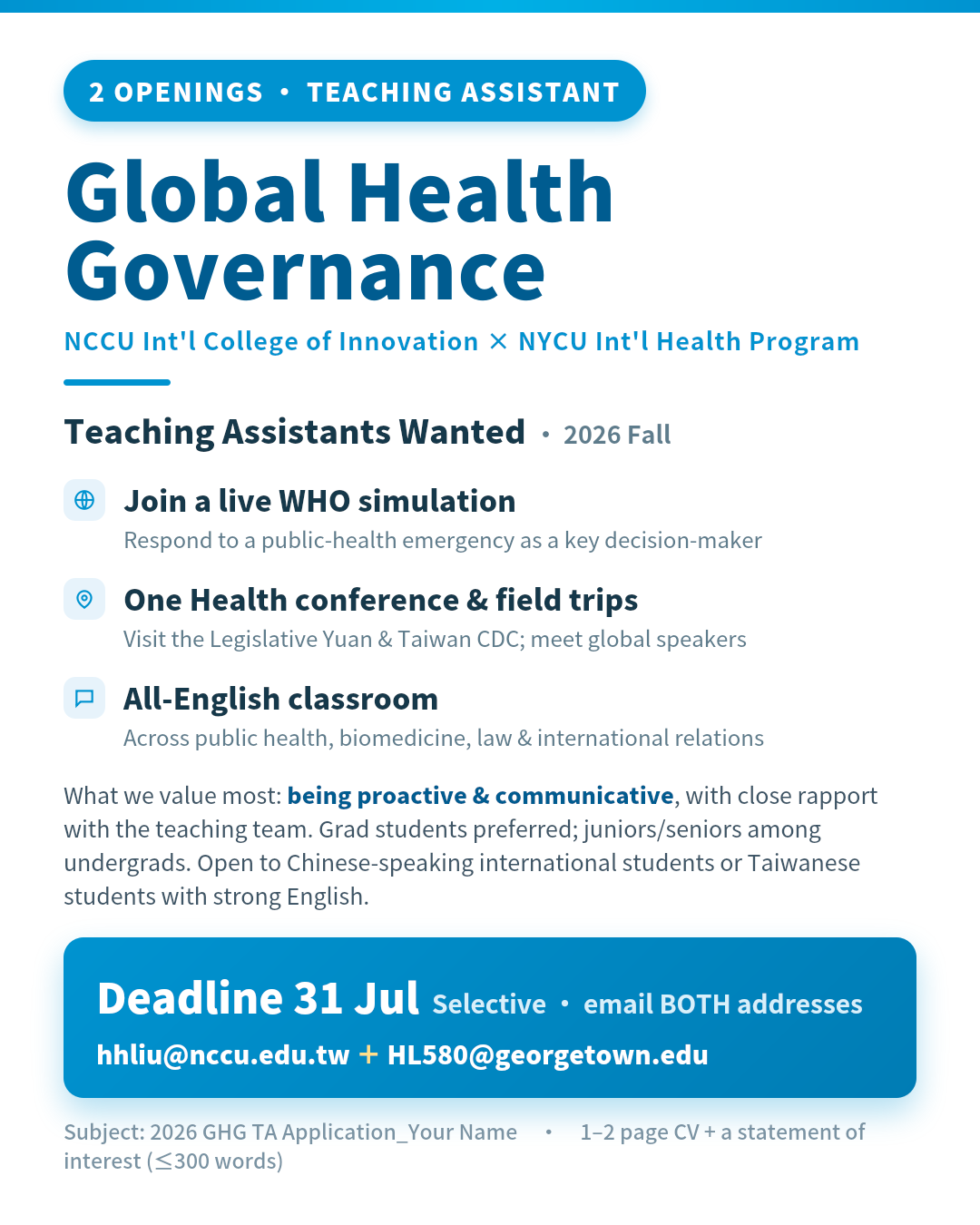 【Call for TAs | Join the 2026 Global Health Governance Team!】